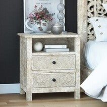 Boston Indian Furniture Handcarved Solid Wood White Bedside Table