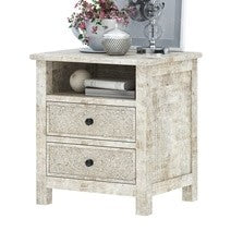 Boston Indian Furniture Handcarved Solid Wood White Bedside Table