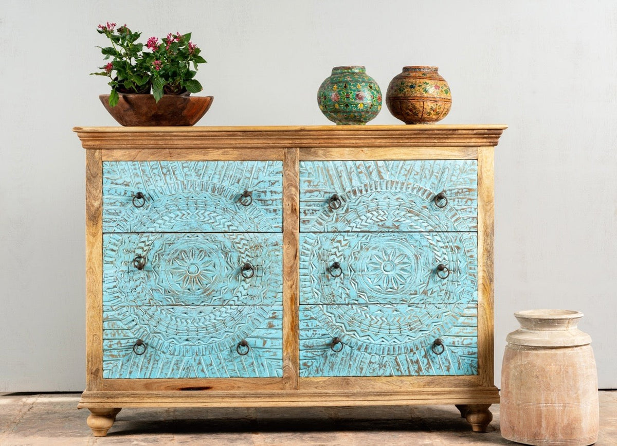 Kalah Hand Carved Solid Wooden Chest of Drawers Dresser Blue 140x100x42cm KLA0141  -  