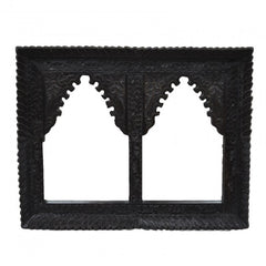 Mehrab Indian Hand Carved Mirror Arched Globe Wooden Wall Decor 93x6x73cm Black  -  