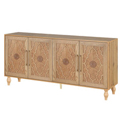 Indian Handmade Solid Wood Carved 4 Doors Sideboard Natural