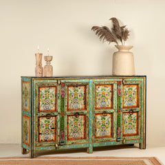 Pandora Indian Floral Hand Painted Solid Wood Sideboard