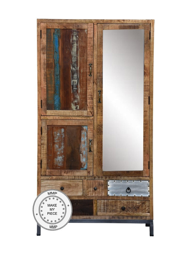 Lava Industrial Indian Solid Wood Wardrobe Cabinet With Mirror