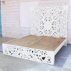 Dynasty Hand Carved Indian Solid Wooden Amani Bed Frame White