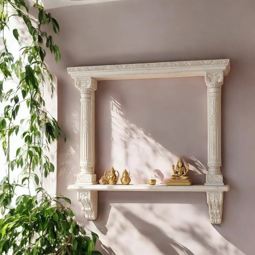 Hand Carved White Washed Archway Wall Shelf 04
