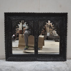 Mehrab Indian Hand Carved Mirror Arched Globe Wooden Wall Decor 93x6x73cm Black  -  