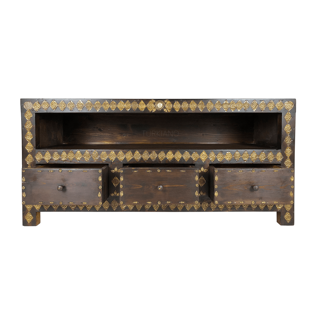 Indian Antique Brass Work Solid Wood TV Unit 16