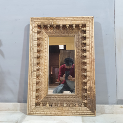 Indian Handmade Carved Wooden Mirror Frame Natural 90x60Cm