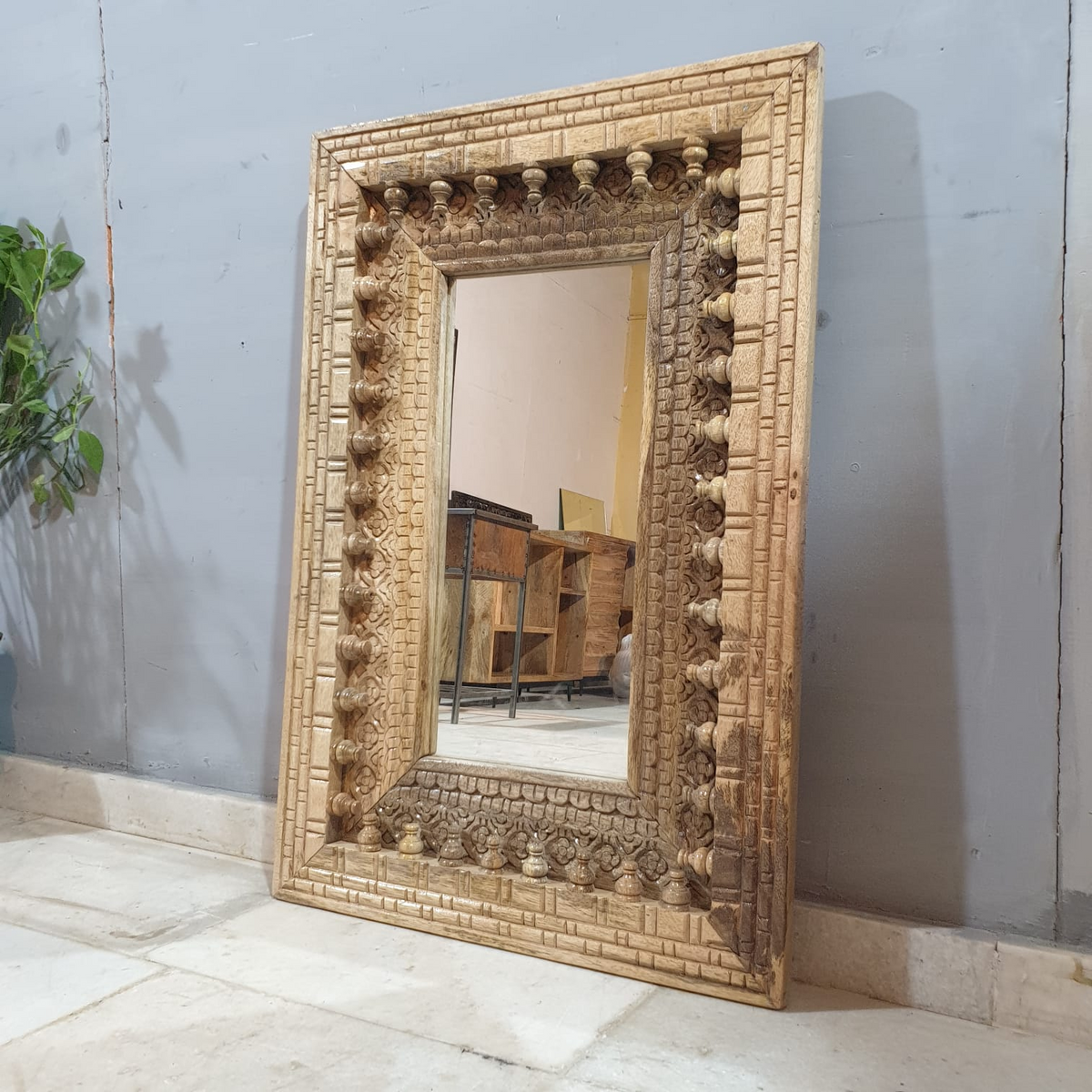 Indian Handmade Carved Wooden Mirror Frame Natural 90x60Cm