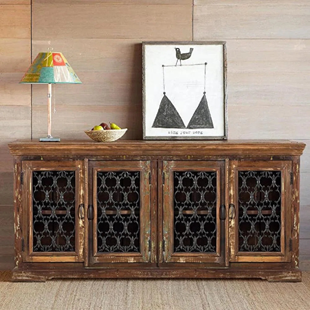 Indian Handmade Metal Jali Solid Wood Sideboard