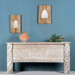 Hand Carved Reclaimed Wood Console Table Whitewash