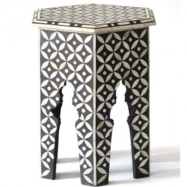 Maaya Bone Inlay Round Side Table Black Geometric