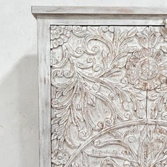 Indian Handmade Solid Hard Wood Cabinet Almirah Floral Carving in Whitewash 95x40x200Cm