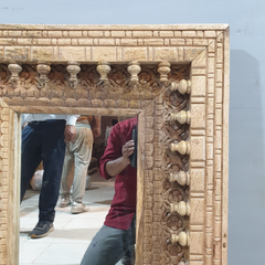 Indian Handmade Carved Wooden Mirror Frame Natural 90x60Cm