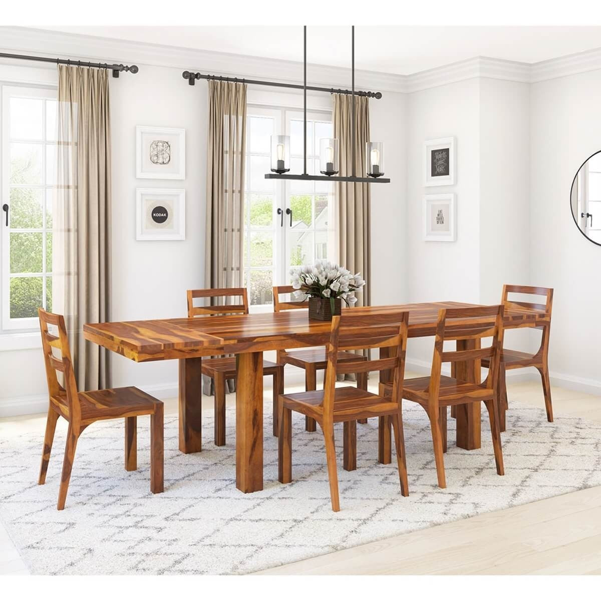 Indian Rustic Solid Wood 7 Piece Extension Dining Table Chair Set Honey