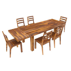 Indian Rustic Solid Wood 7 Piece Extension Dining Table Chair Set Honey