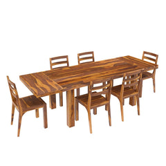 Indian Rustic Solid Wood 7 Piece Extension Dining Table Chair Set Honey