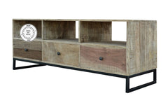 Industrial Dark Wood TV Unit With Drawers Metal Legs