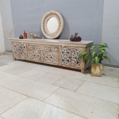 Hand Carved Indian Solid Wood TV Unit Jali doors with shelves 200x40x55cm