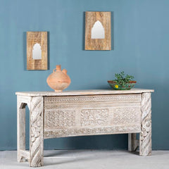 Hand Carved Reclaimed Wood Console Table Whitewash