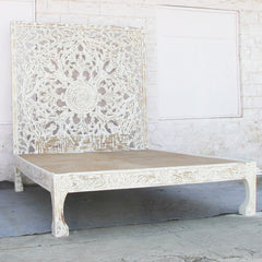 Dynasty Hand Carved Indian Solid Wooden Nadia Bed Frame White