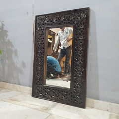 Indian Handmade Carved Wooden Mirror Frame Chocolate Brown 90X5X60Cm