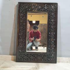 Indian Handmade Carved Wooden Mirror Frame Chocolate Brown 90X5X60Cm