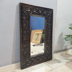 Indian Handmade Carved Wooden Mirror Frame Chocolate Brown 90X5X60Cm