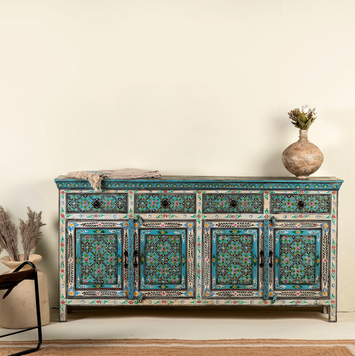 Pandora Indian Floral Hand Painted Solid Wood Sideboard