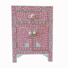 Maaya Bone Inlay Bedside Cabinet Lamp Table Pink Floral