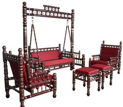 Heritage Indian Hand Carved Painted Swing & Chair Set 5 pcs