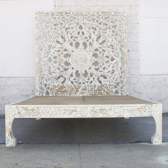 Dynasty Hand Carved Indian Solid Wooden Nadia Bed Frame White