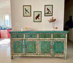 Pandora Indian Floral Hand Painted Solid Wood Sideboard