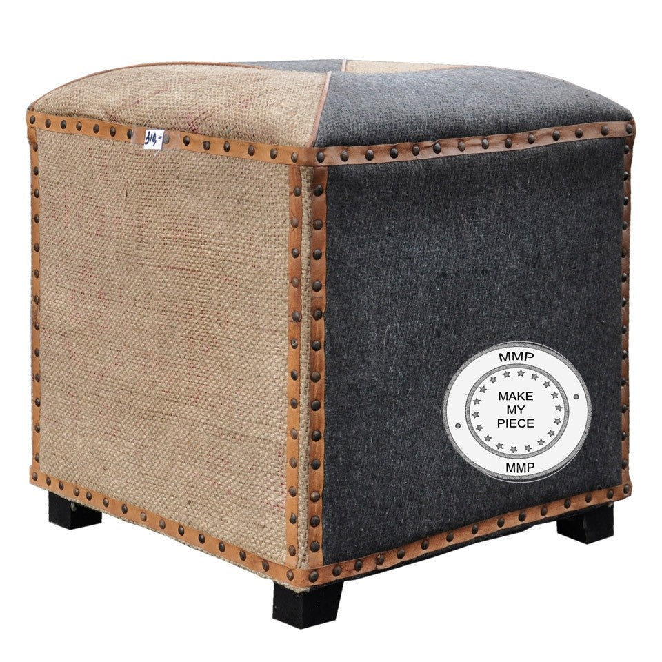 Industrial Mango Wood Cotton and Leather Seating Pouffe