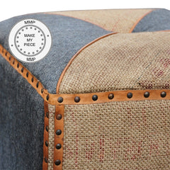 Industrial Mango Wood Cotton and Leather Seating Pouffe