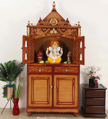 Large Sized Handmade Solid Wood Home Temple In Brown