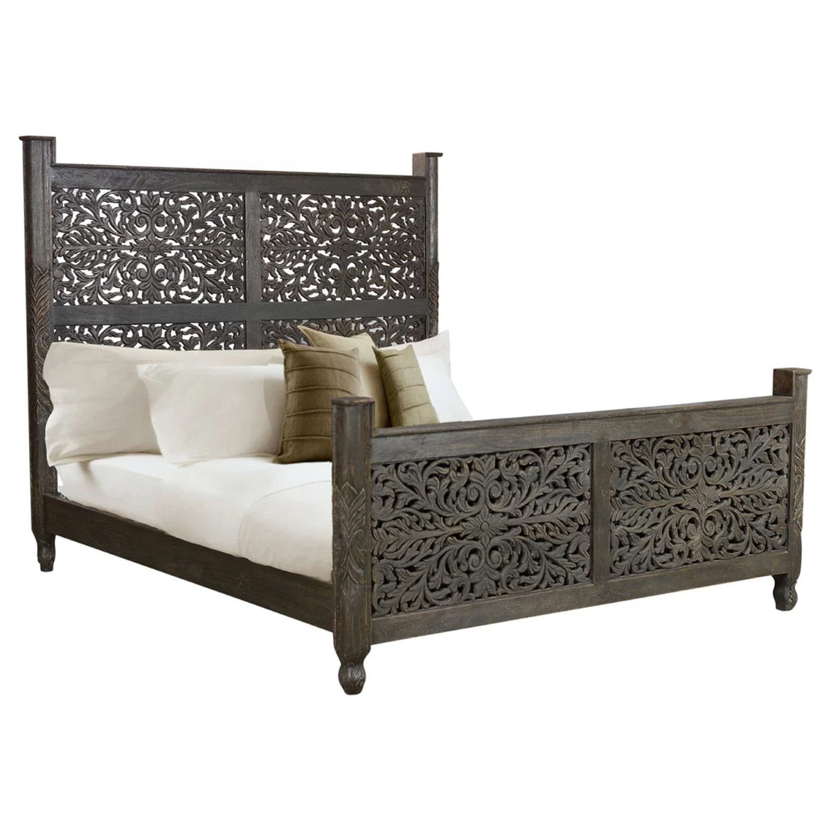 Dynasty Hand Carved Indian Solid Wooden Bed Frame Chocolate