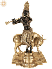 Indian Lord Krishna Playing Flute With His Cow Brass Statue