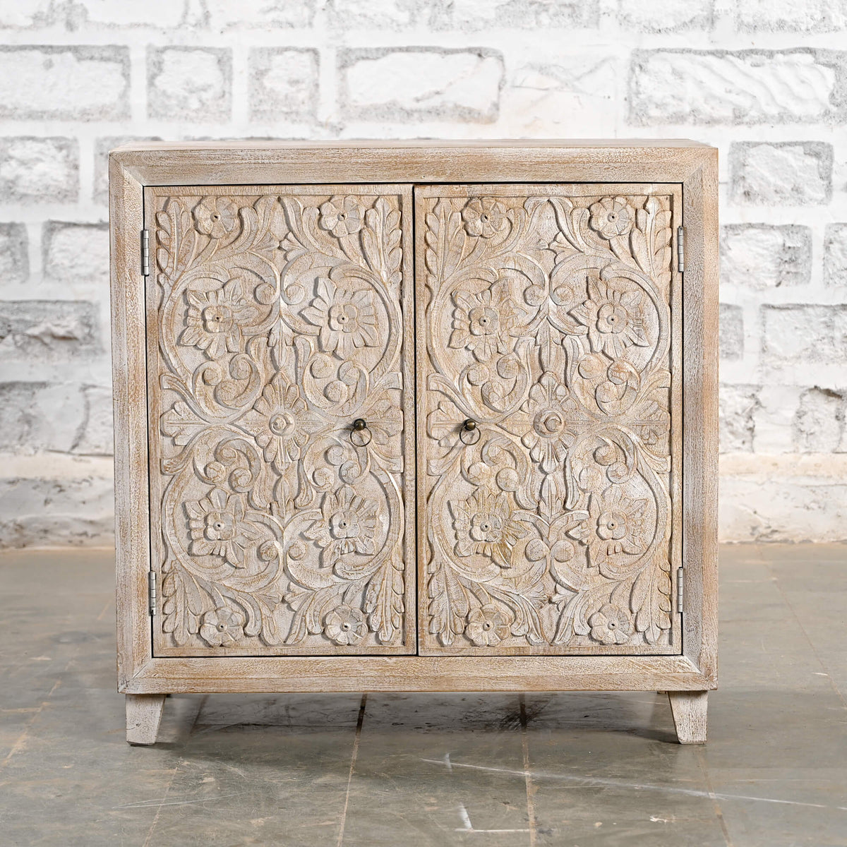 Indian Furniture Hand Carved Solid Wood Cabinet Whitewash