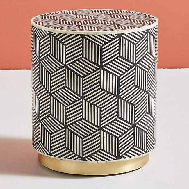 Maaya Brass Bone Inlay Round Drum Side Table Geometric