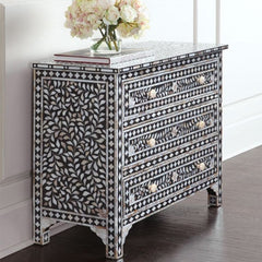 Maaya Bone inlay Black Floral Chest of 3 Drawers Dresser