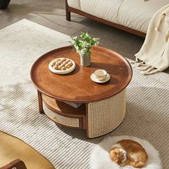 Rattan Elegance Series Solid Wood Round Shape With Rattan Cane Work Coffee Table C108
