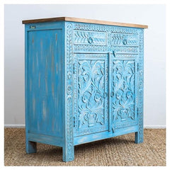 Indian Floral Carved Solid Wood Cabinet In Blue Colour