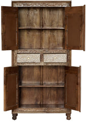 Indian Hand Carved Rattan Cane Solid Wooden Cupboard Wardrobe D50