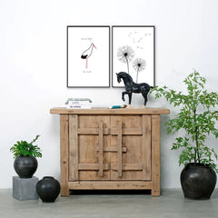 Indian Hand Carved 2 Door Solid Wood Cabinet Natural