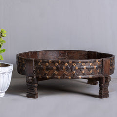 Antique Handmade Carved Coffee Round Grinder Table With Brass Studs