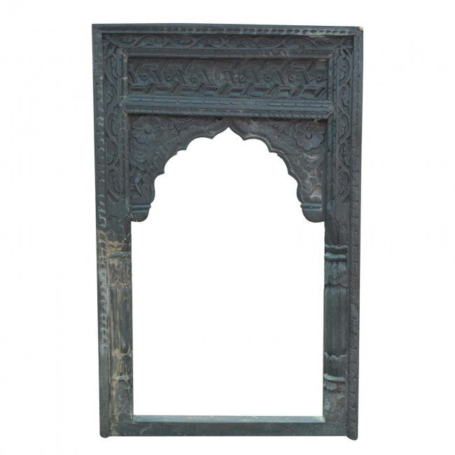 Mehrab Indian Hand Carved Mirror Arched Globe Wooden Wall Decor 80x11x110cm Green  -  