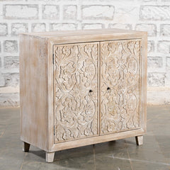 Indian Furniture Hand Carved Solid Wood Cabinet Whitewash