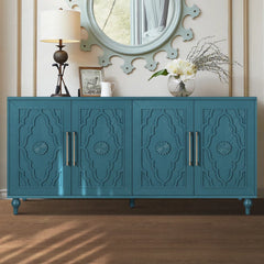 Indian Handmade Solid Wood Carved 4 Doors Sideboard Navy Blue