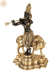 Indian Lord Krishna Playing Flute With His Cow Brass Statue